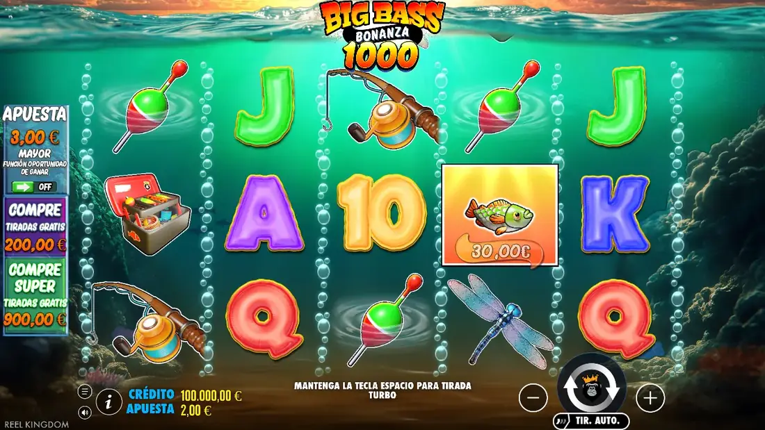 Cuadrícula del juego base de Big Bass Bonanza 1000 en modo demo